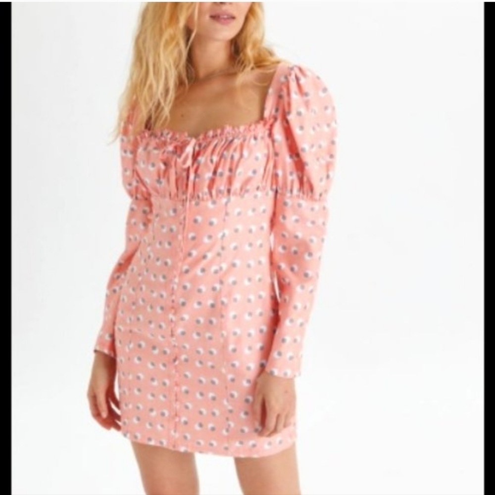 NWT Urban Outfitters Eggie Zen Button Front Long Sleeve Mini Dress M Orange/Pink